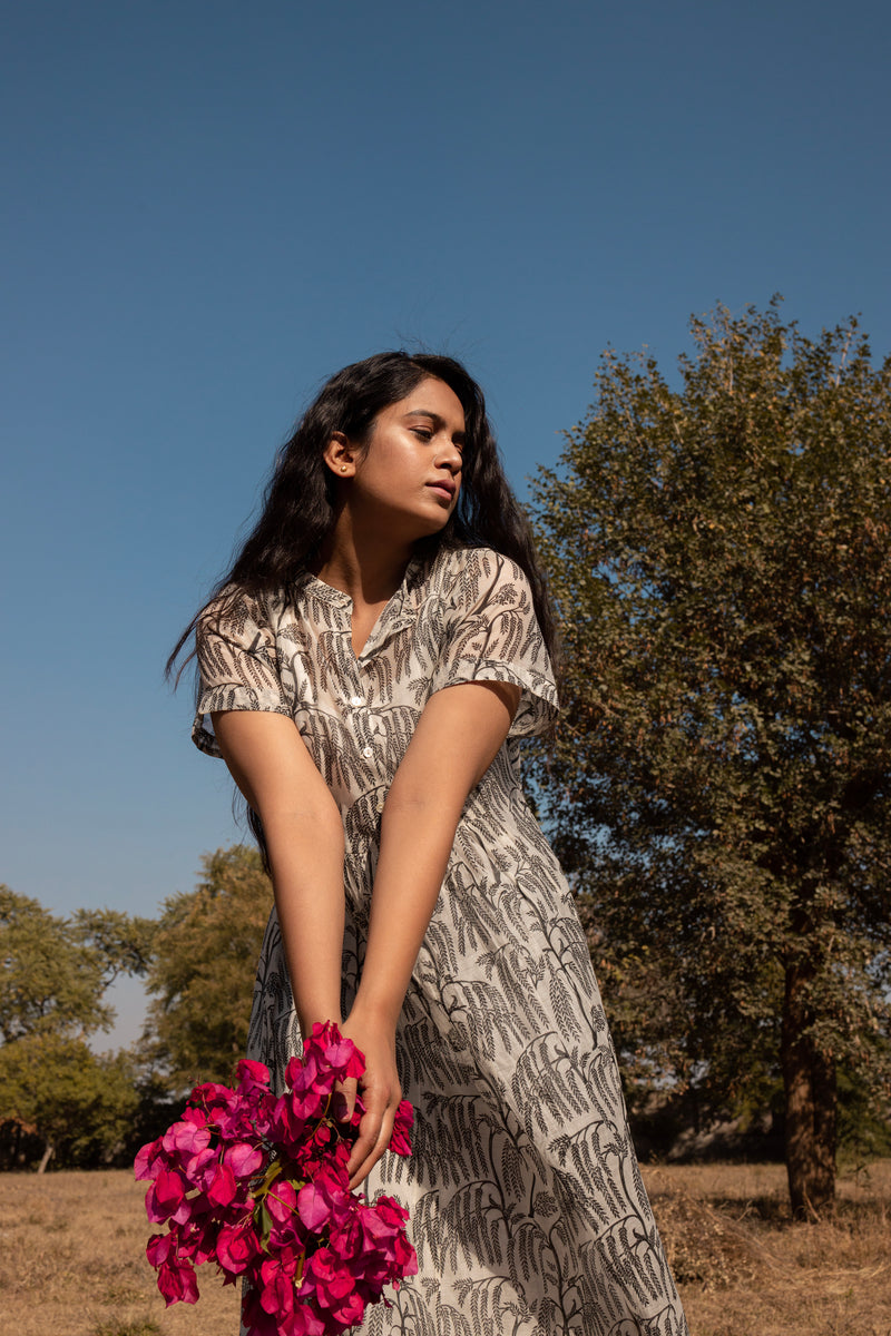 Printed Flared Chanderi Midi Dress