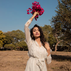 Printed Chanderi Frilled Midi Dress