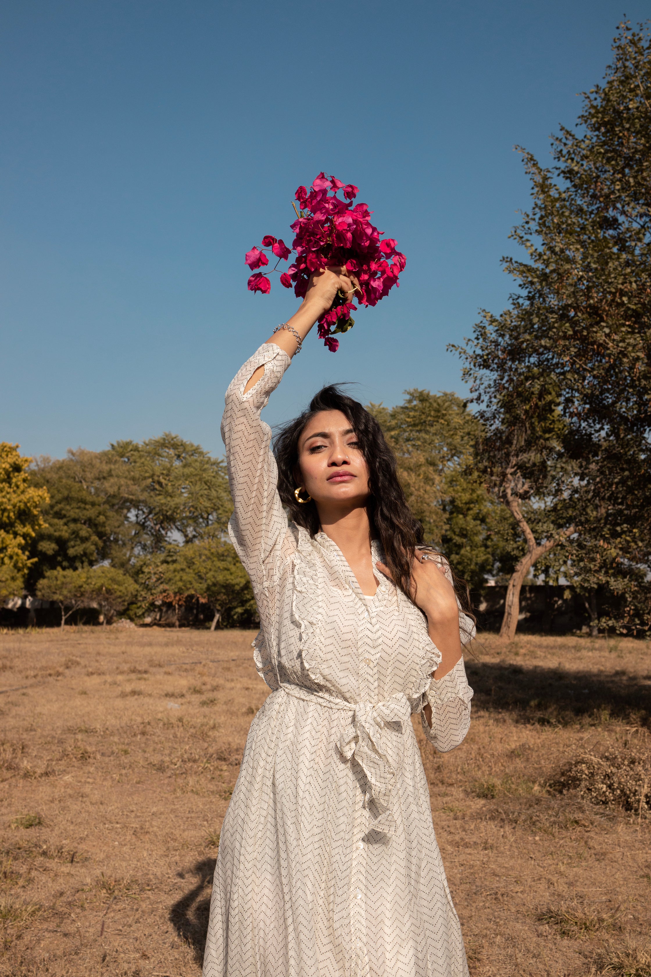 Chevron Chanderi Tiered Dress Midi with Frilled Neckline