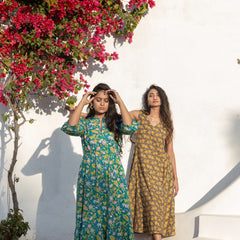 Turquoise Tropical Kantha Embroidery Maxi Dress
