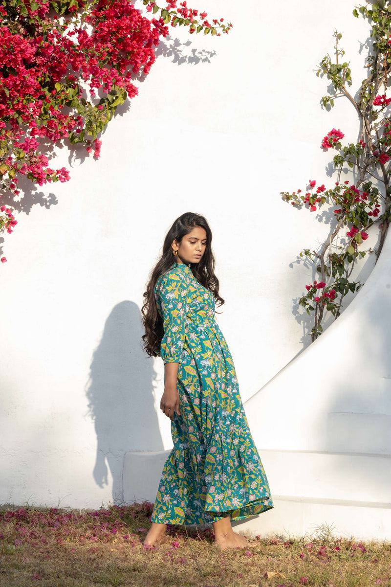 Turquoise Tropical Kantha Embroidery Maxi Dress