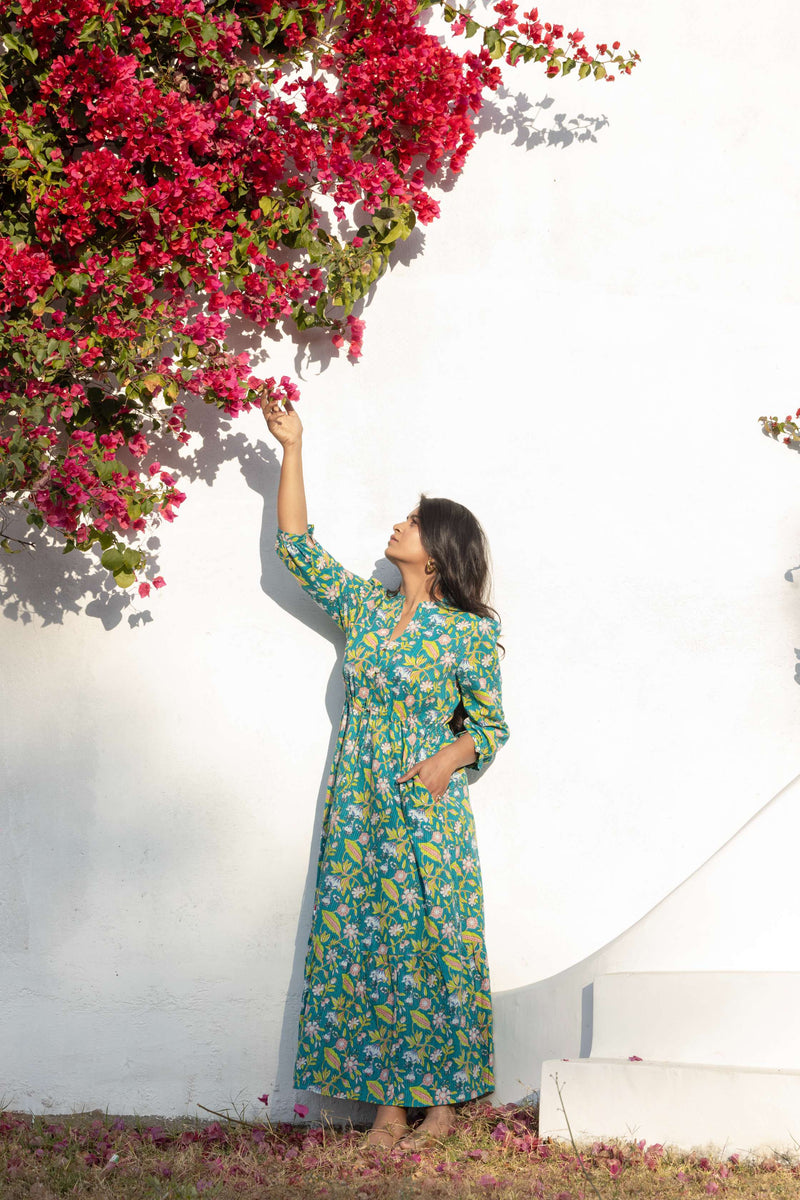 Turquoise Tropical Kantha Embroidery Maxi Dress