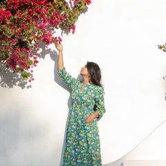 Turquoise Tropical Kantha Embroidery Maxi Dress