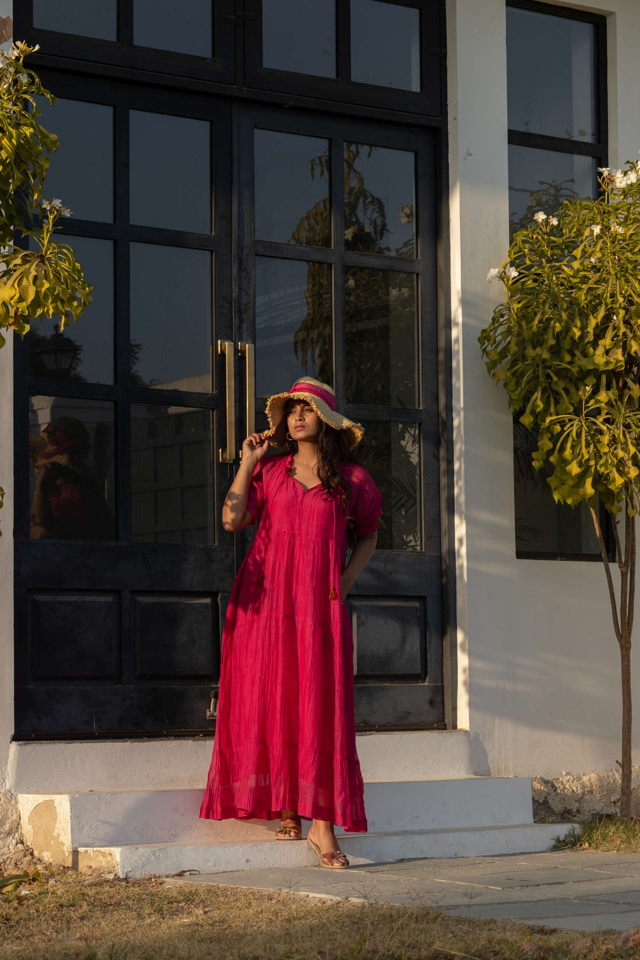 Pink Nazneen Chanderi Tiered Long Dress