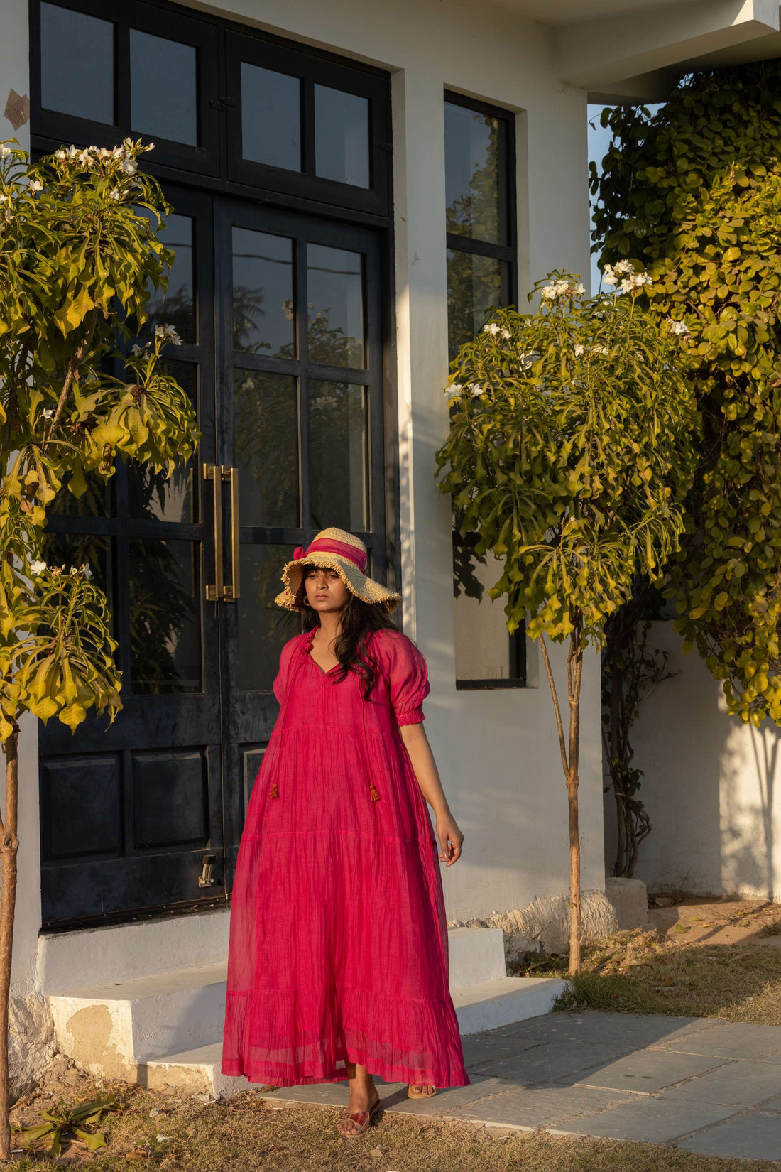 Pink Nazneen Chanderi Tiered Long Dress