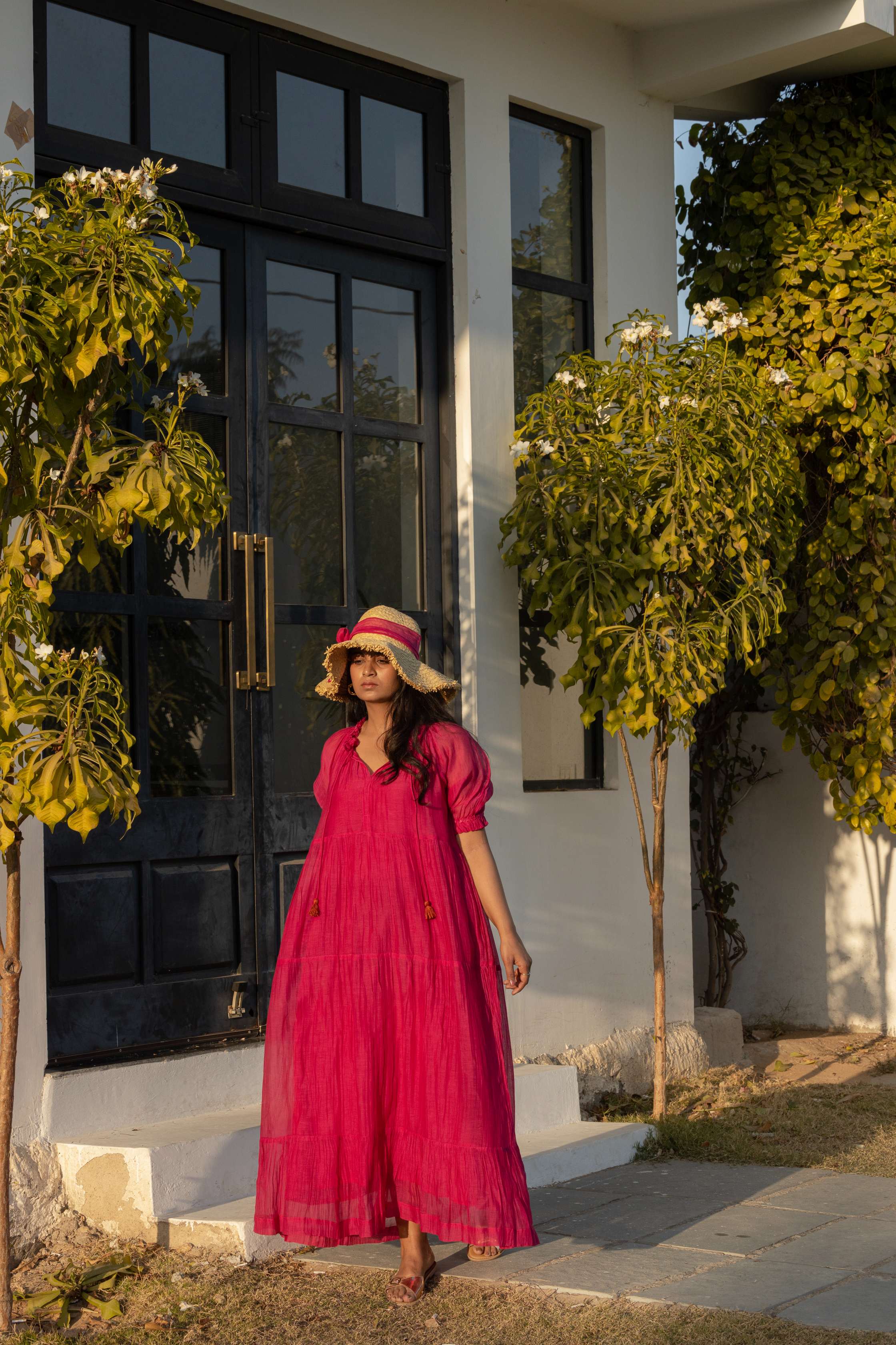 Pink Nazneen Chanderi Tiered Long Dress