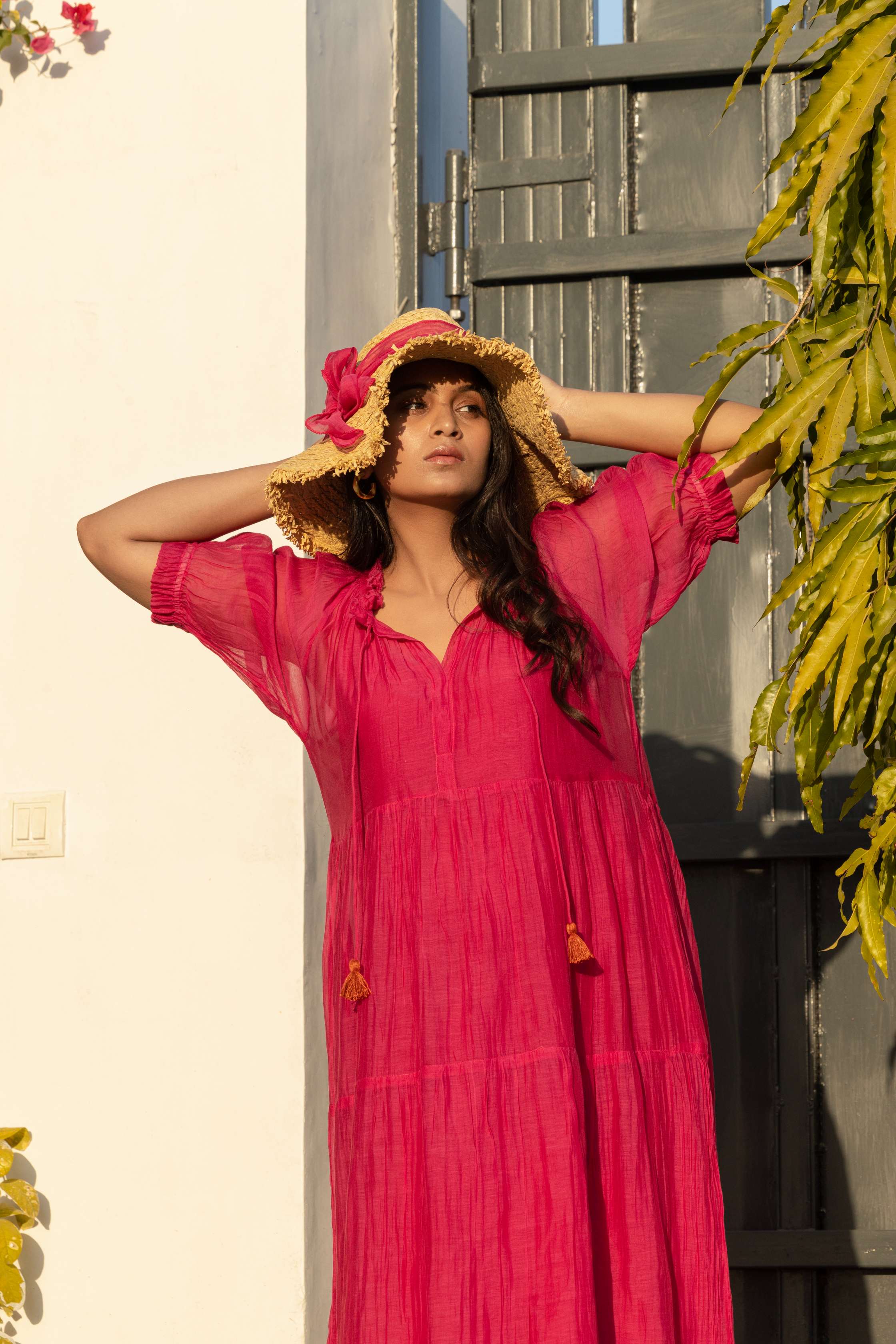 Pink Nazneen Chanderi Tiered Long Dress