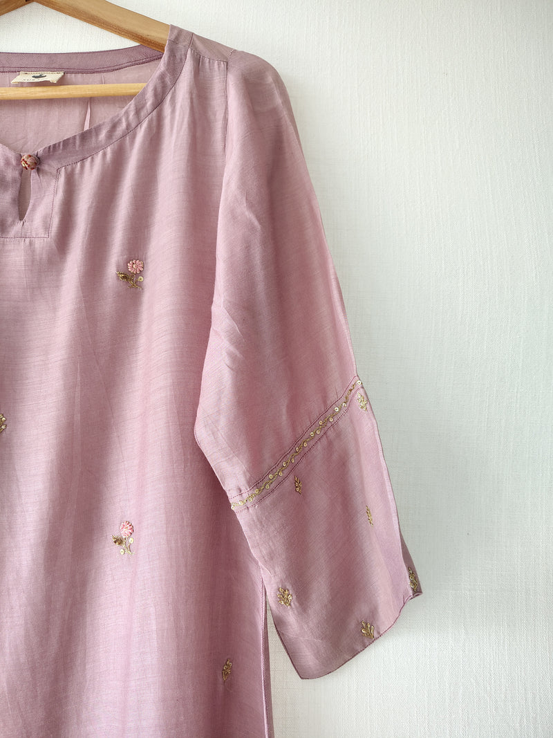 Mauve Silk Viscose Kurta with Pants Hand Embroidered Gota Patti Set