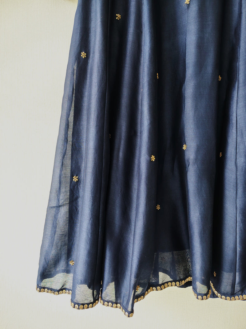 Blue Anarkali Kurta with Pants Hand Embroidered Marori Work Chanderi Set
