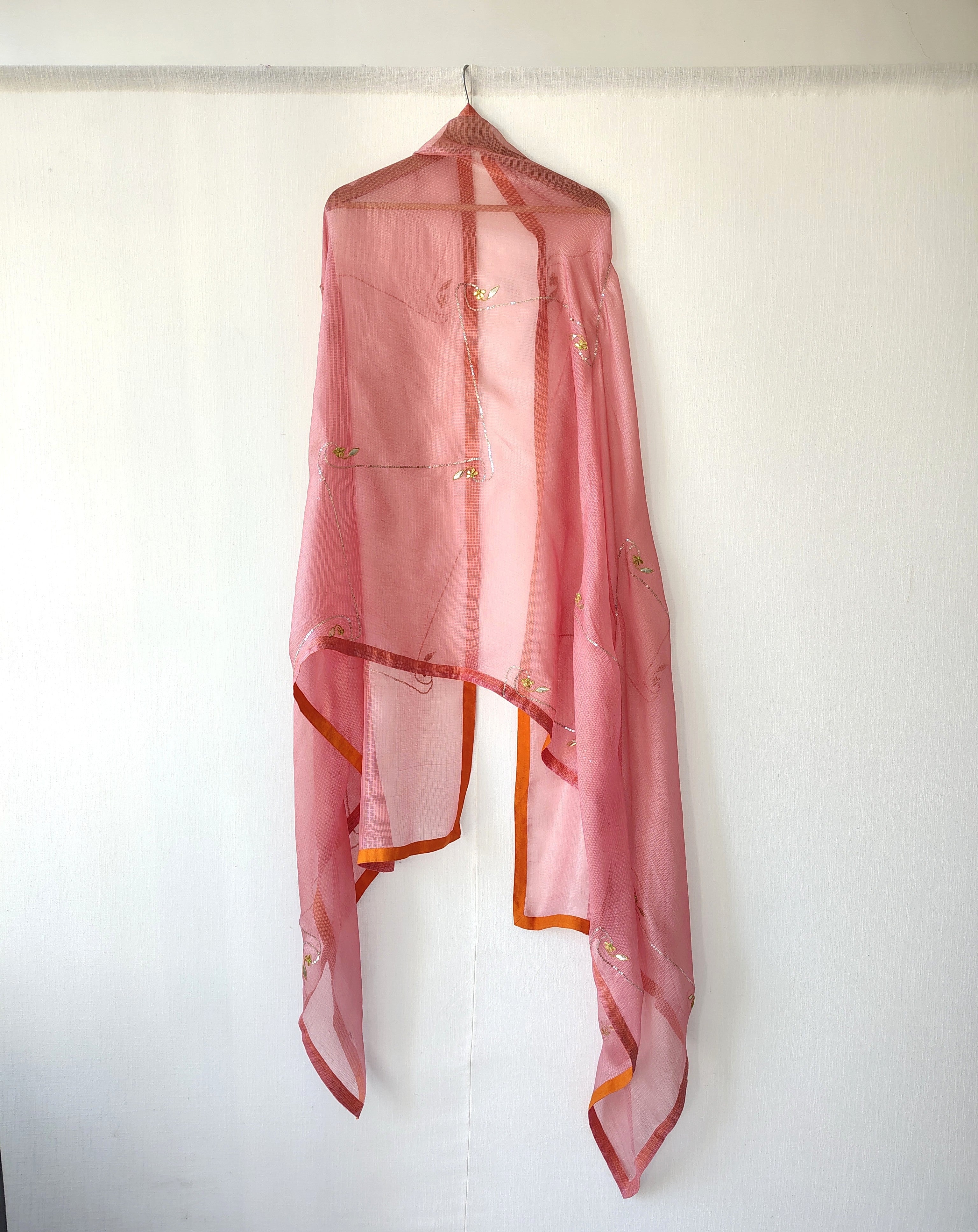 Rose Pink Kota Silk Hand Embroidered Dupatta