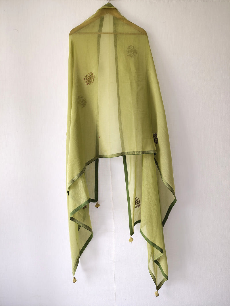 Floral Green Hand Embroidered Handmade Festive Dupatta with Tassels