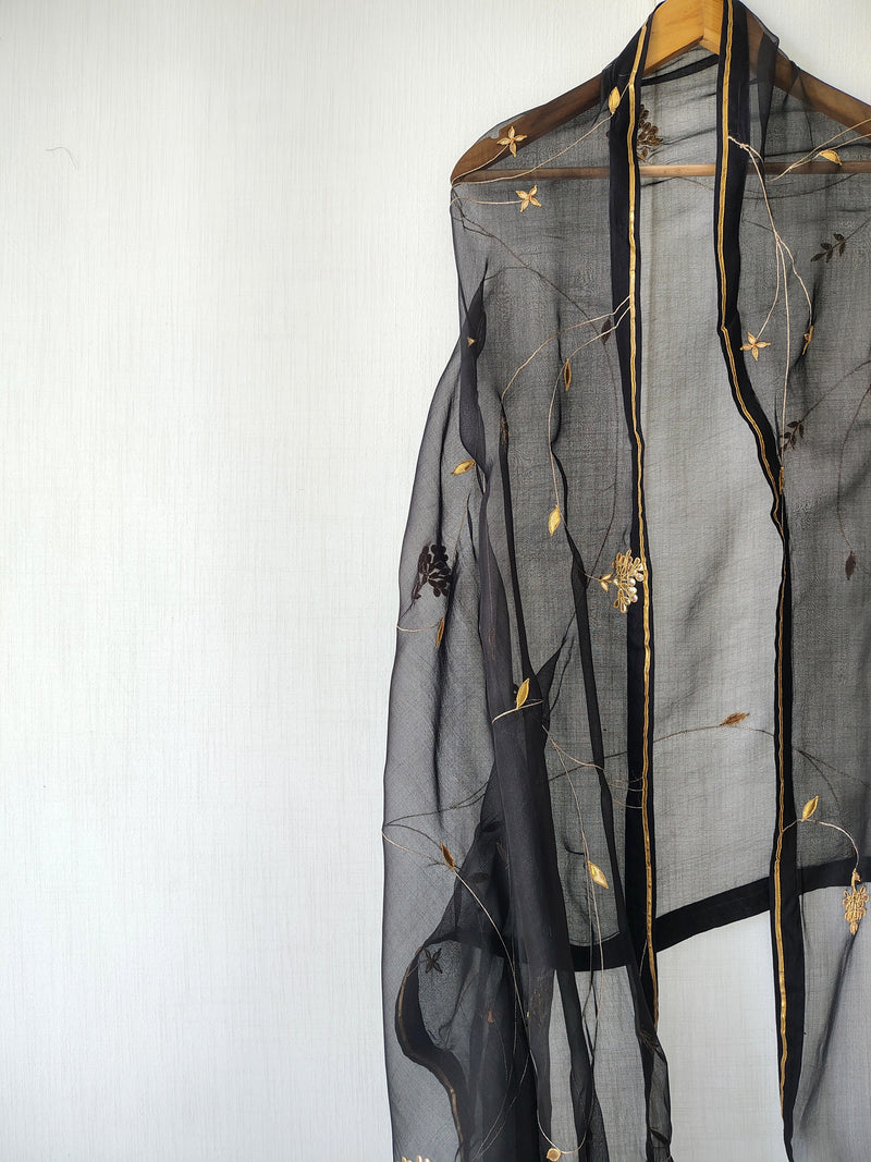Black Gold Organza Gota Patti Hand Embroidered Festive Dupatta