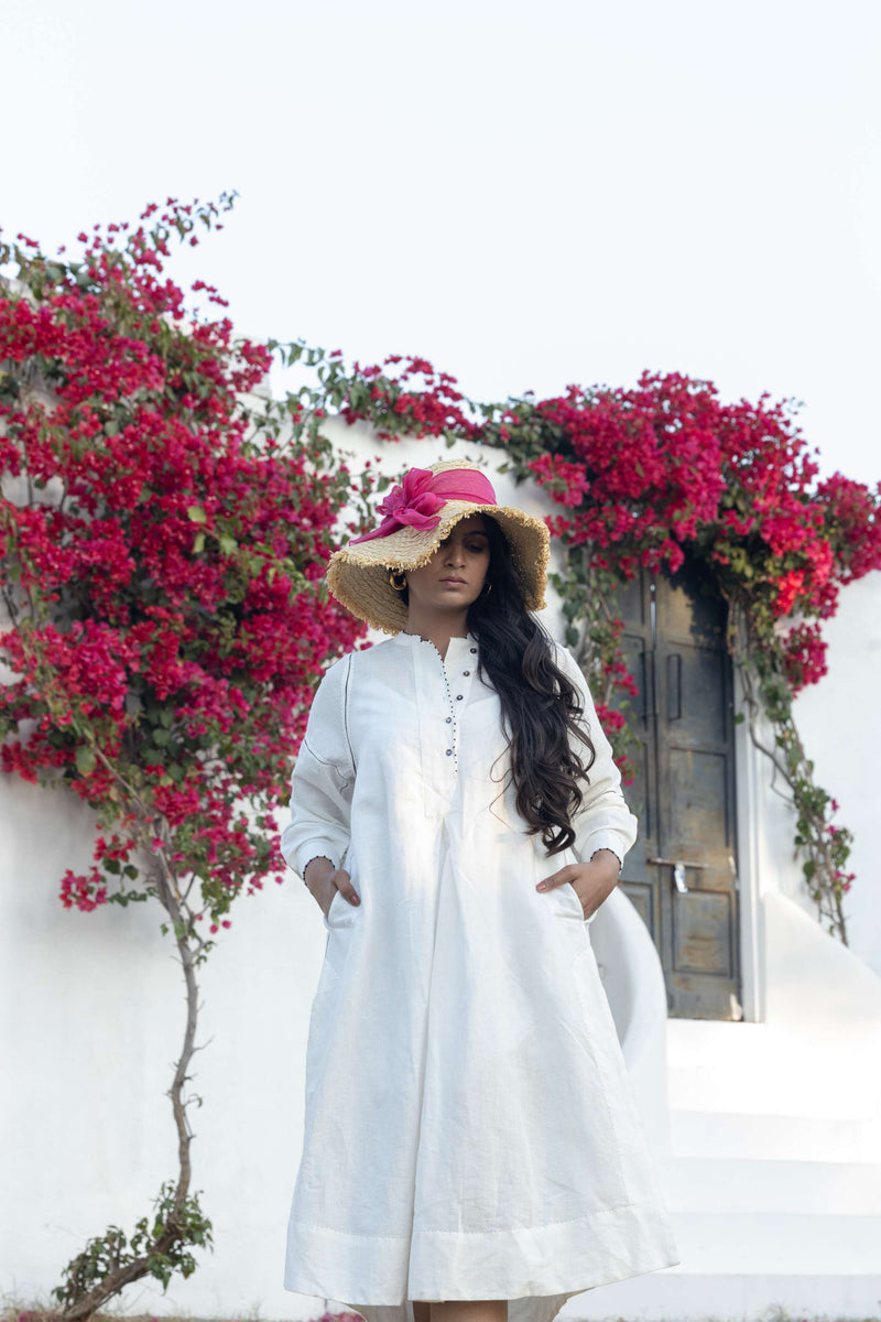 White Cotton Linen Midi Dress with Hand Embroidery Detail