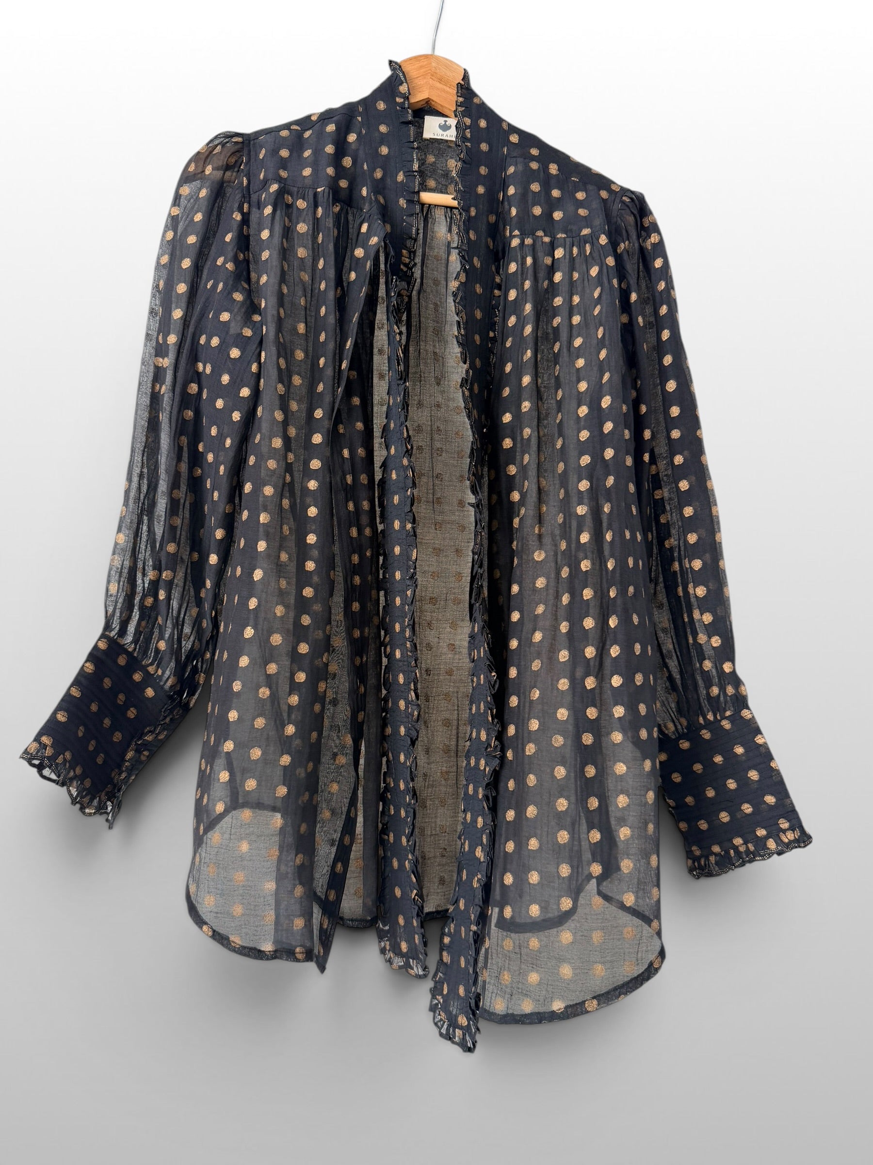 Victorian Gold printed Frill Shirt with a Tie - Black Cotton Silk Sheer Blouse