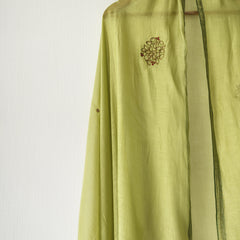 Floral Green Hand Embroidered Handmade Festive Dupatta with Tassels