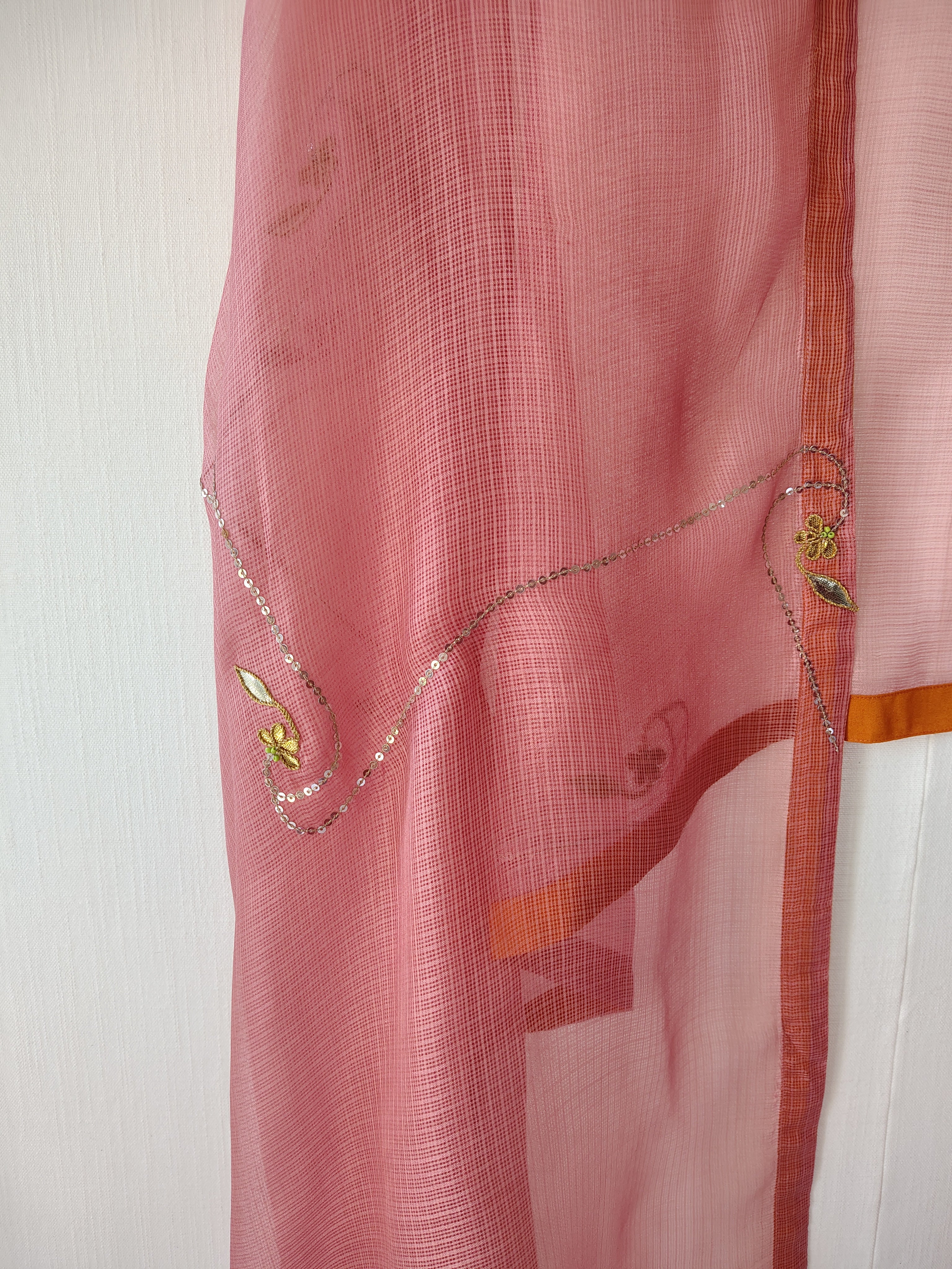 Rose Pink Kota Silk Hand Embroidered Dupatta