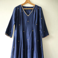 Blue Anarkali Kurta with Pants Hand Embroidered Marori Work Chanderi Set