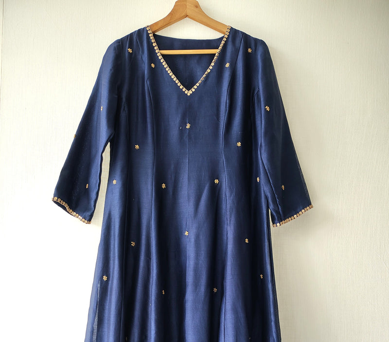 Blue Anarkali Kurta with Pants Hand Embroidered Marori Work Chanderi Set