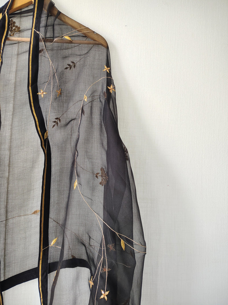 Black Gold Organza Gota Patti Hand Embroidered Festive Dupatta