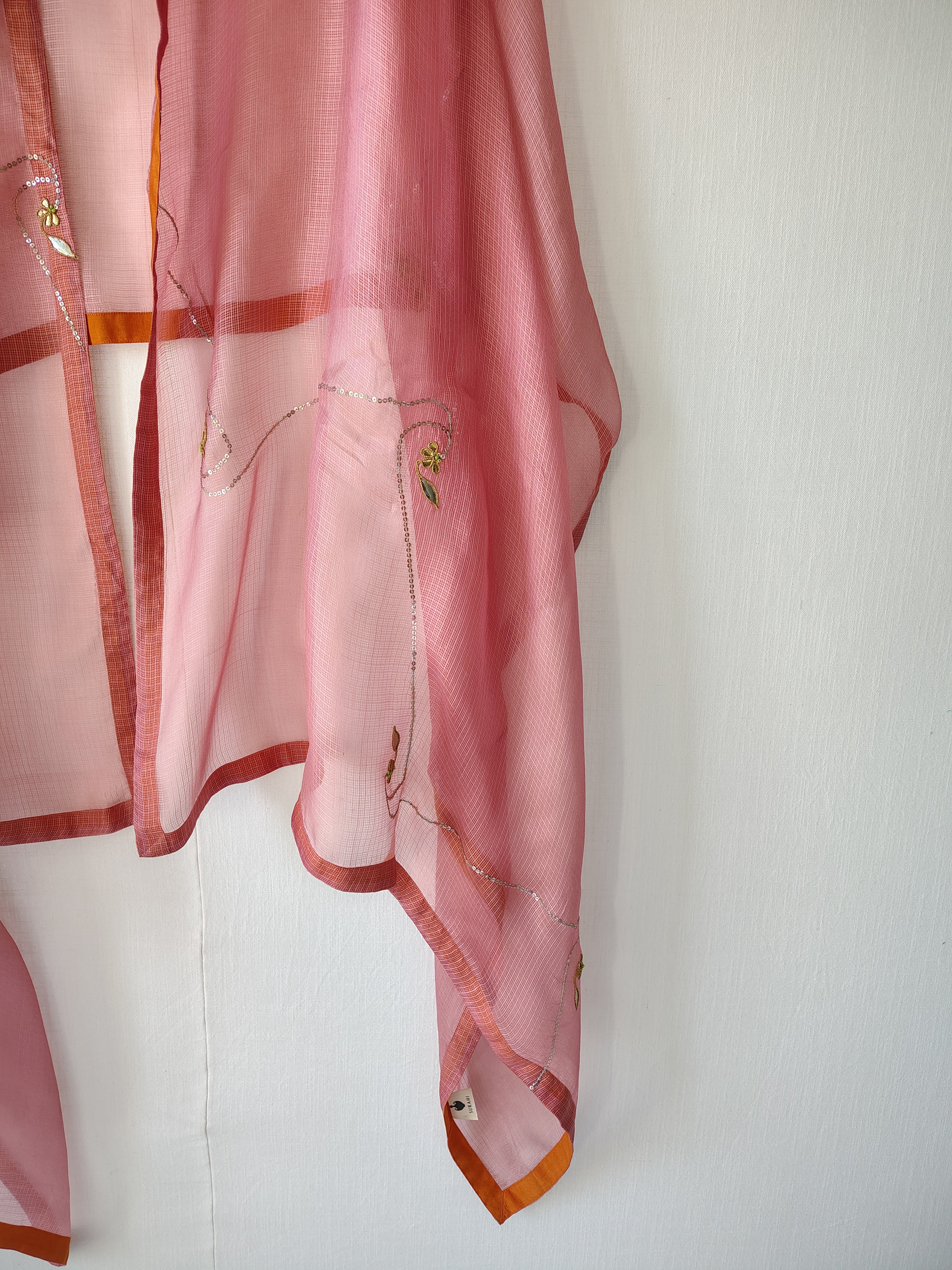 Rose Pink Kota Silk Hand Embroidered Dupatta