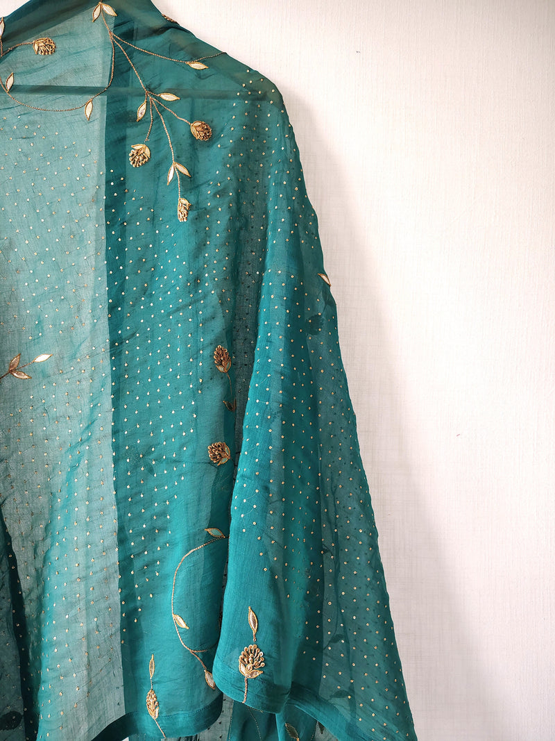 Green Gota Patti Sequins Hand Embroidered Festive Dupatta