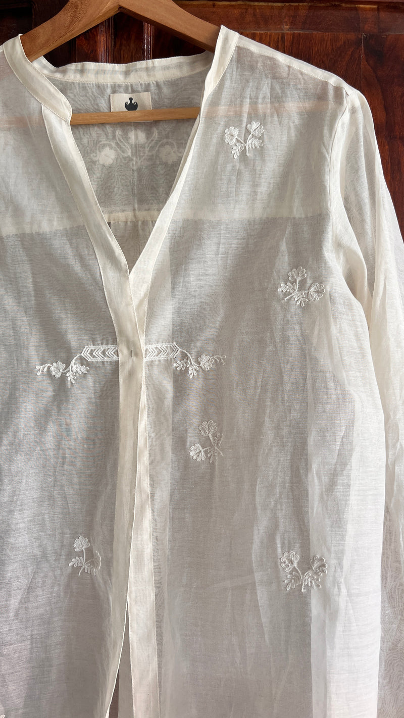 Natural White Hand Embroidered Floral Sheer Shirt