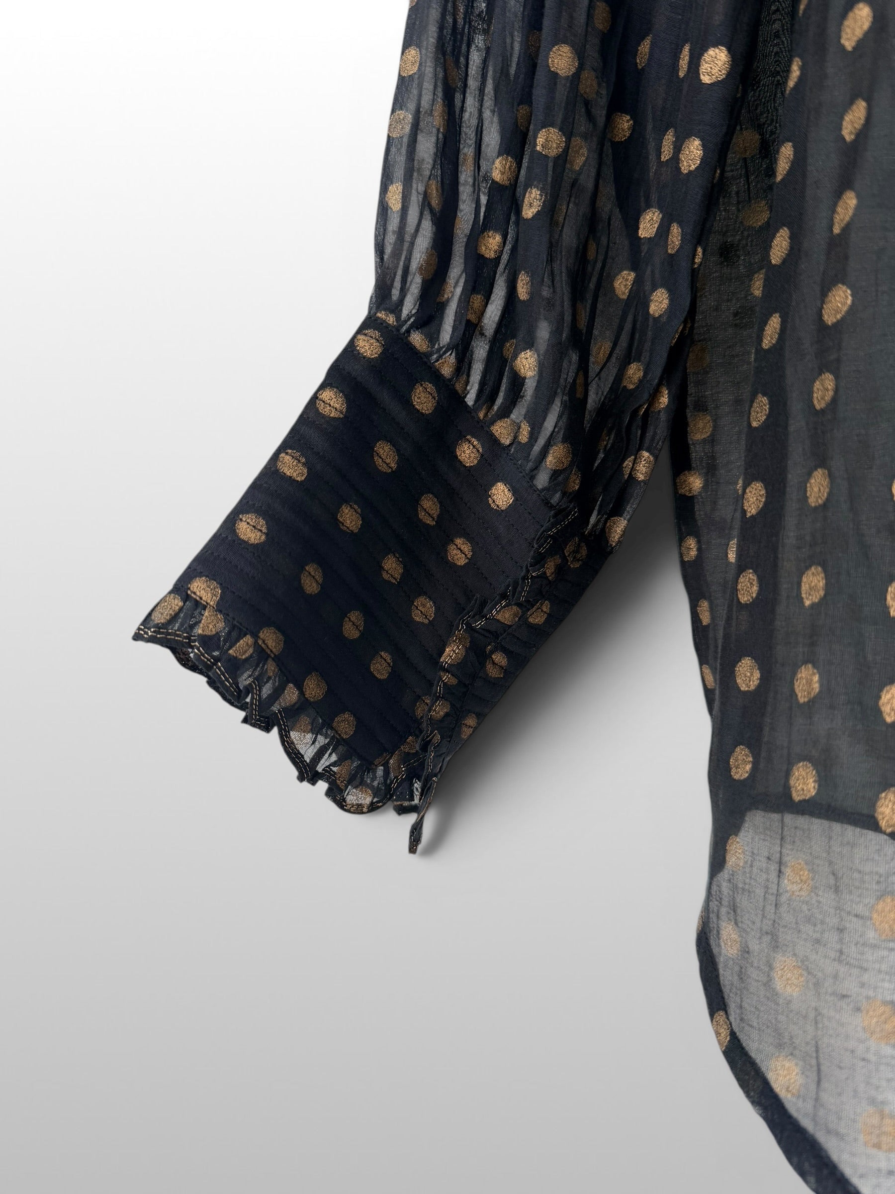 Victorian Gold printed Frill Shirt with a Tie - Black Cotton Silk Sheer Blouse