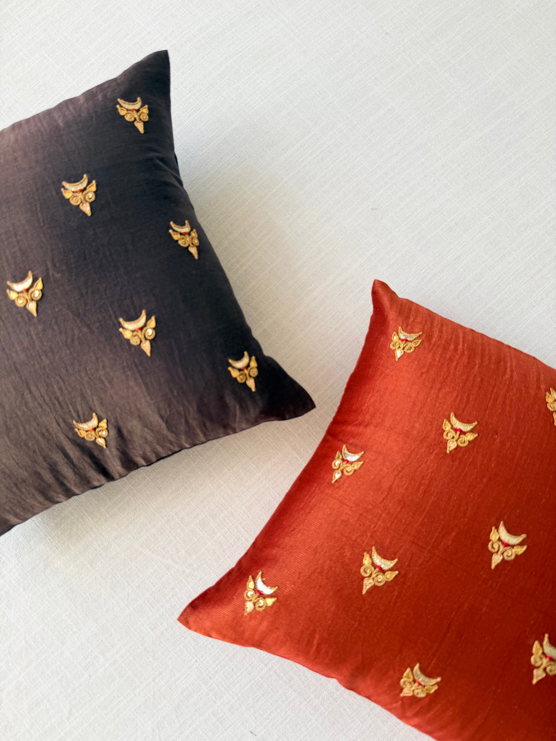 Rust tissue Hand Embroidered GotaPatti Cotton Silk Cushion Cover