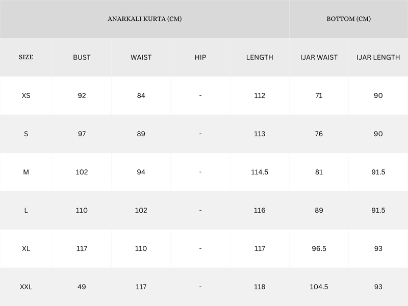 Garment Size Chart - Centimeters