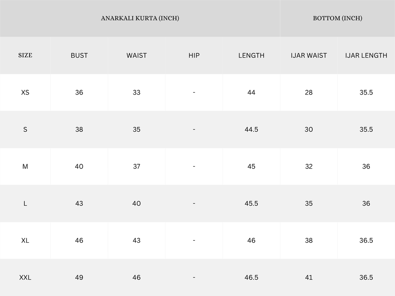 Garment Size Chart - Inches