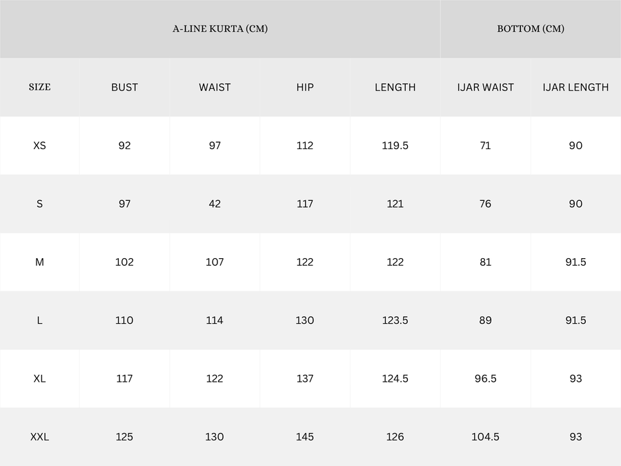Garment size chart in cm