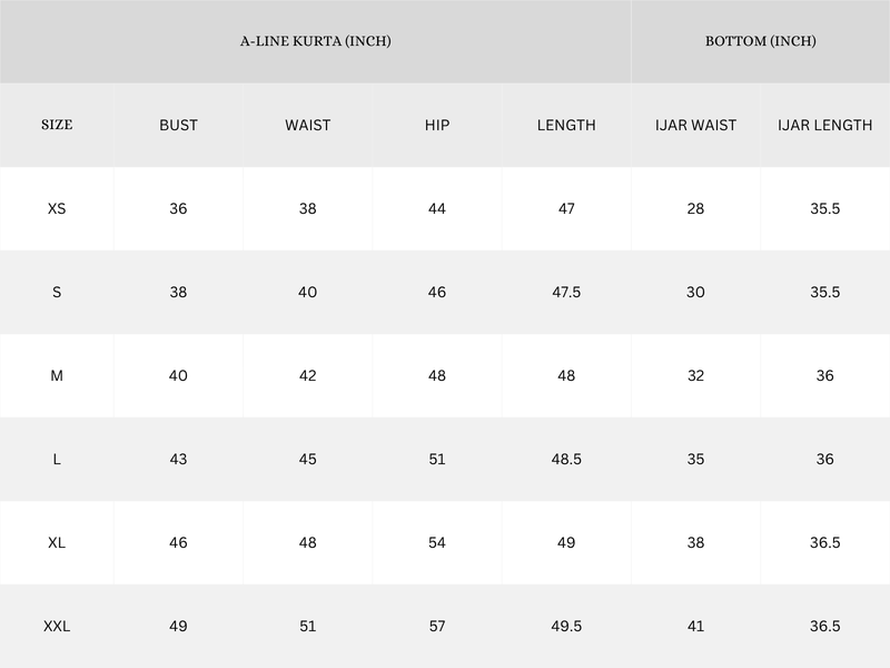 Garment Size Chart - Inches
