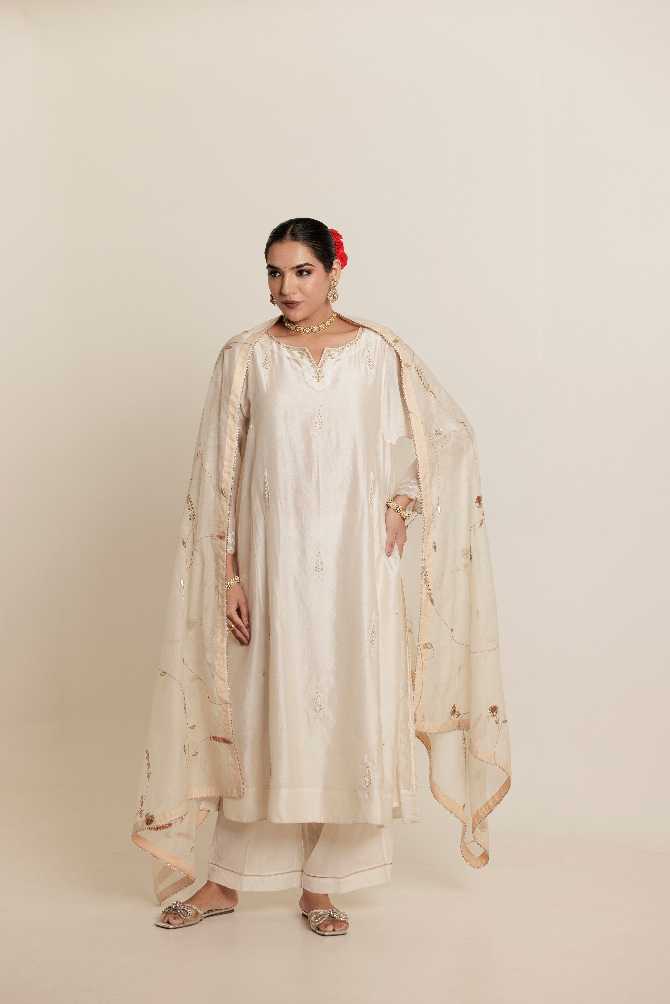Ivory Hand Embroidered Aari Cotton Silk Kurta Set