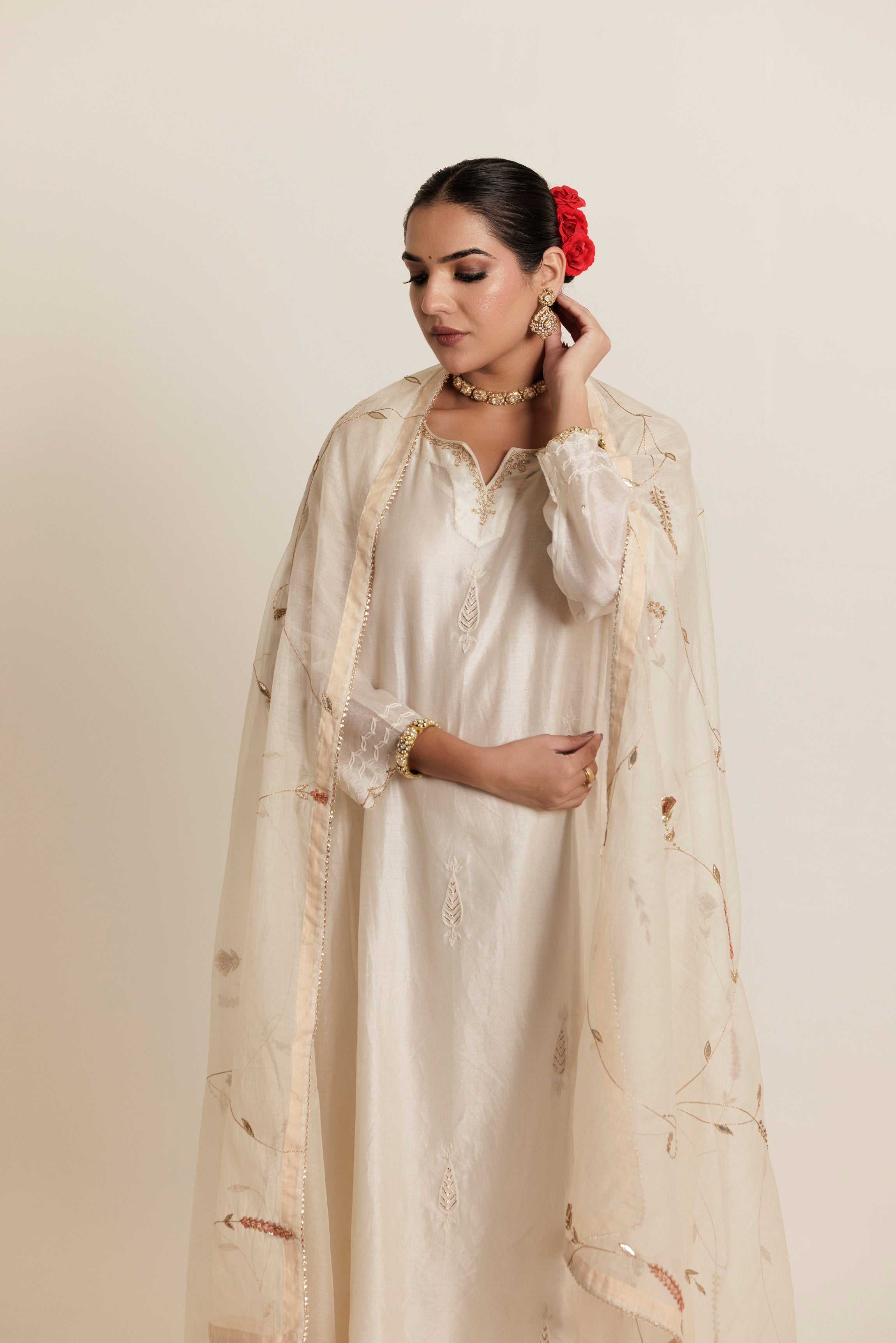 Ivory Hand Embroidered Aari Cotton Silk Kurta Set