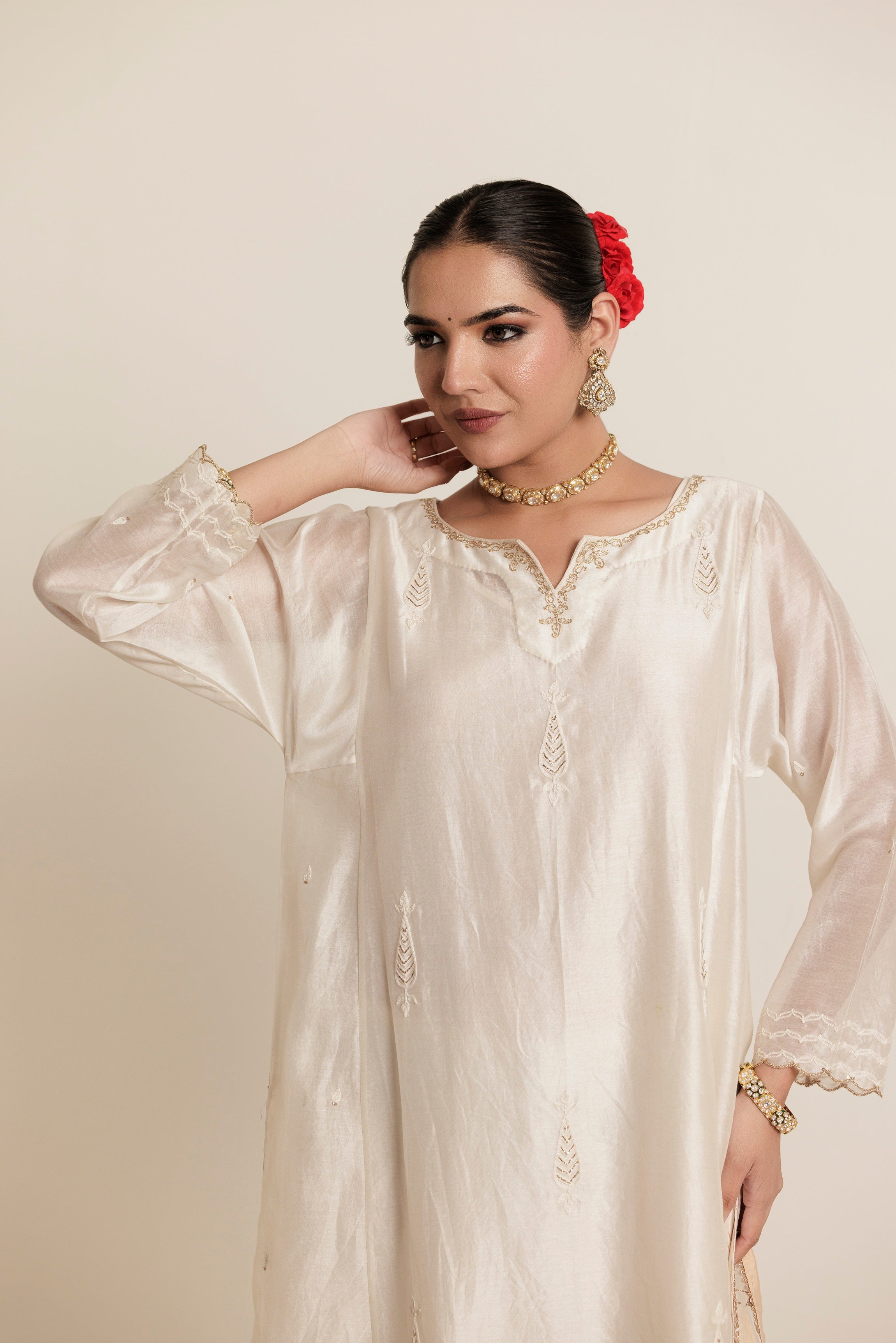 Ivory Hand Embroidered Aari Cotton Silk Kurta Set