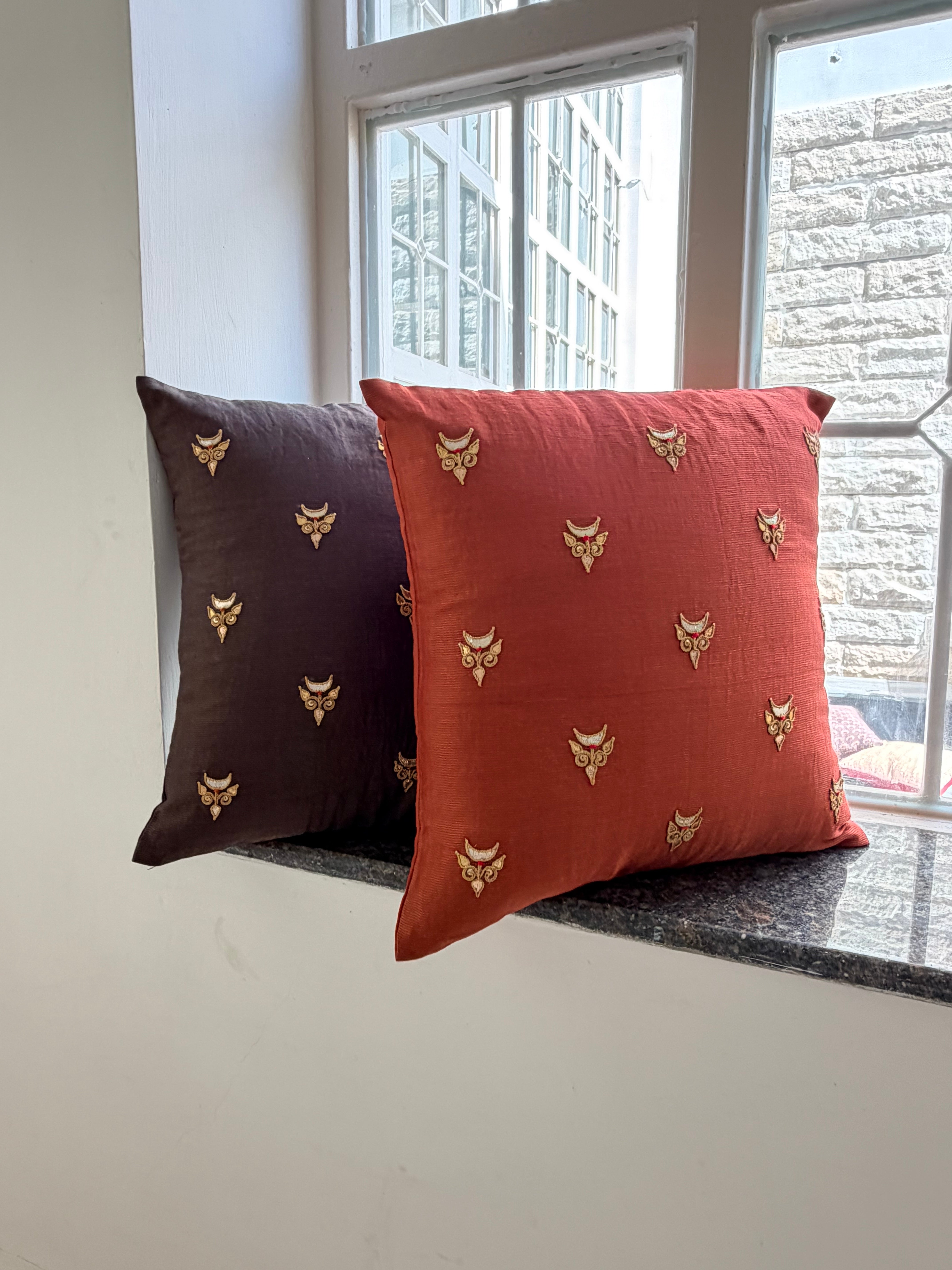 Taupe tissue Hand Embroidered GotaPatti Cotton Silk Cushion Cover