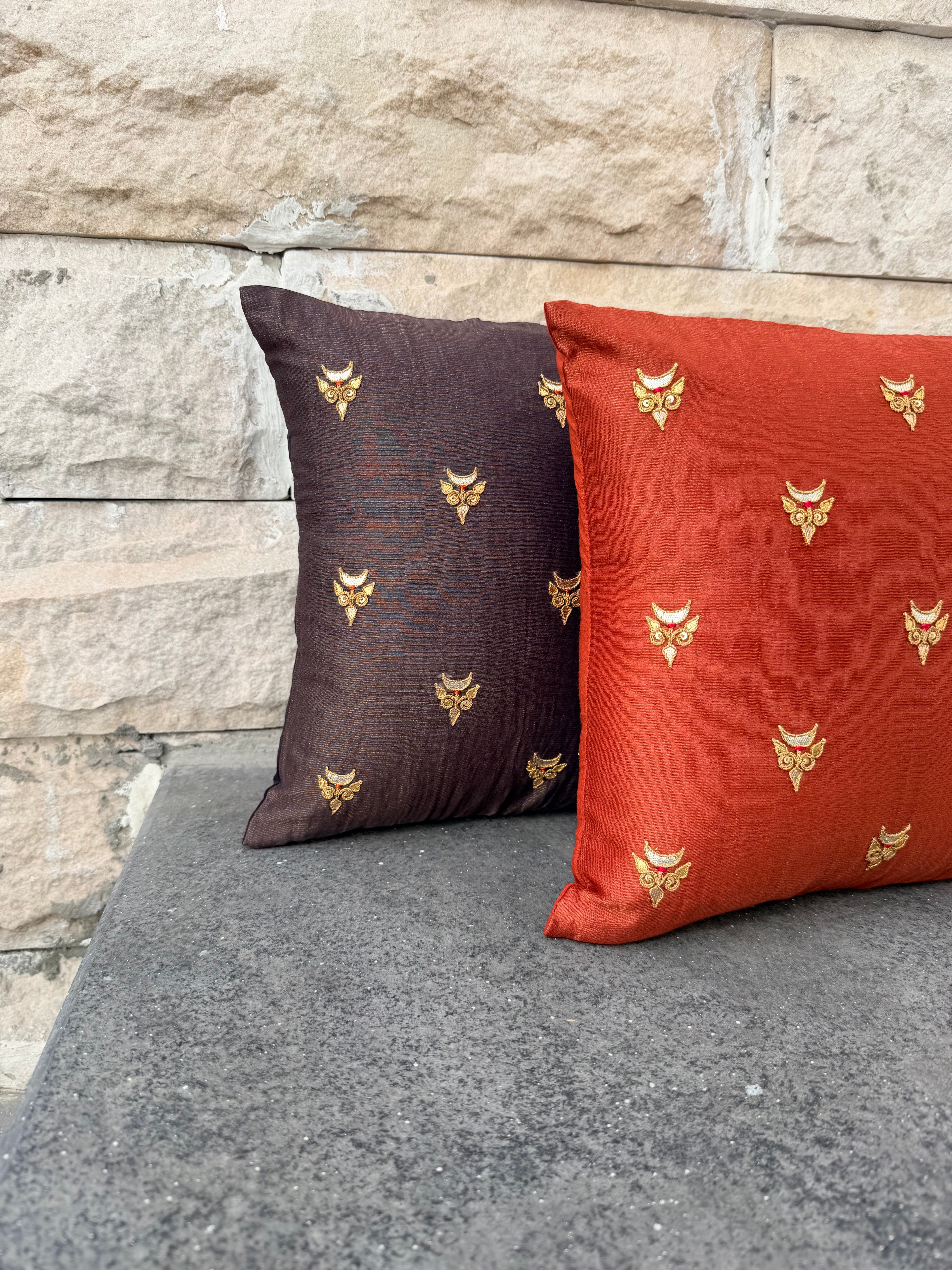 Rust tissue Hand Embroidered GotaPatti Cotton Silk Cushion Cover