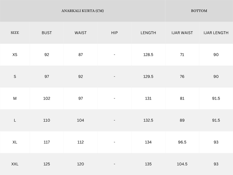 Garment Size Chart - Centimeters