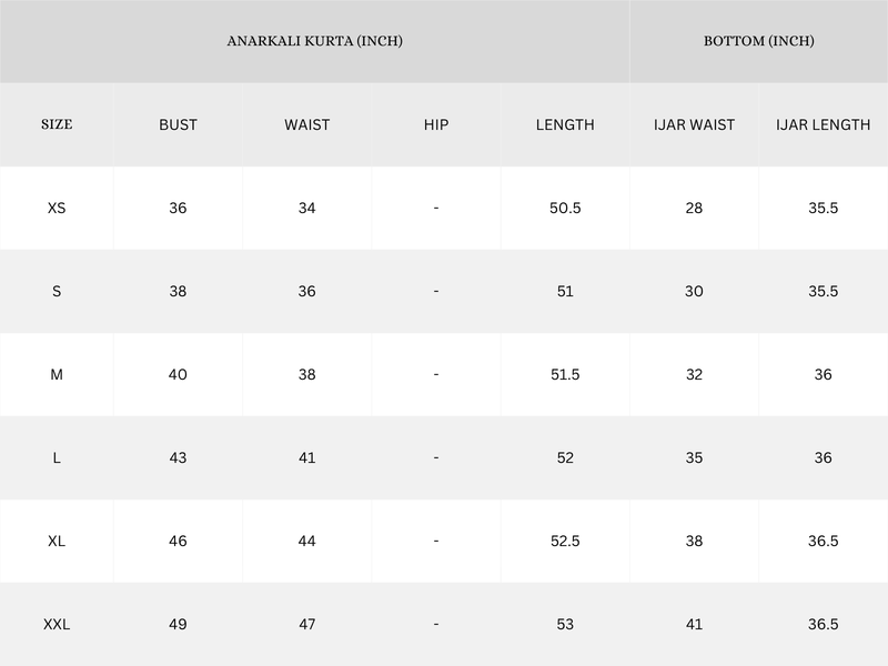 Garment Size Chart - Inches