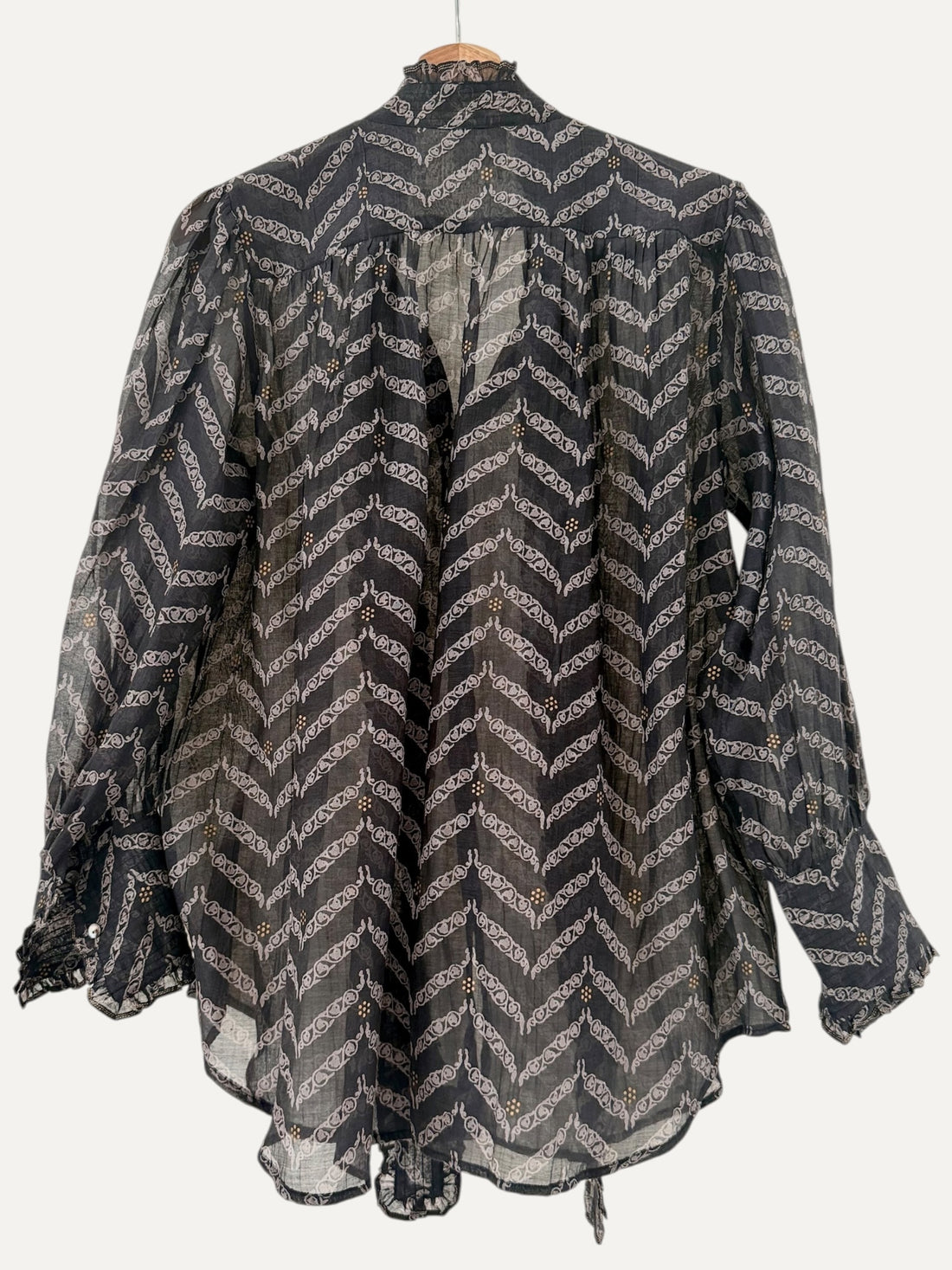 Victorian Frill Shirt with a Tie - Black printed Cotton Silk Sheer Blouse