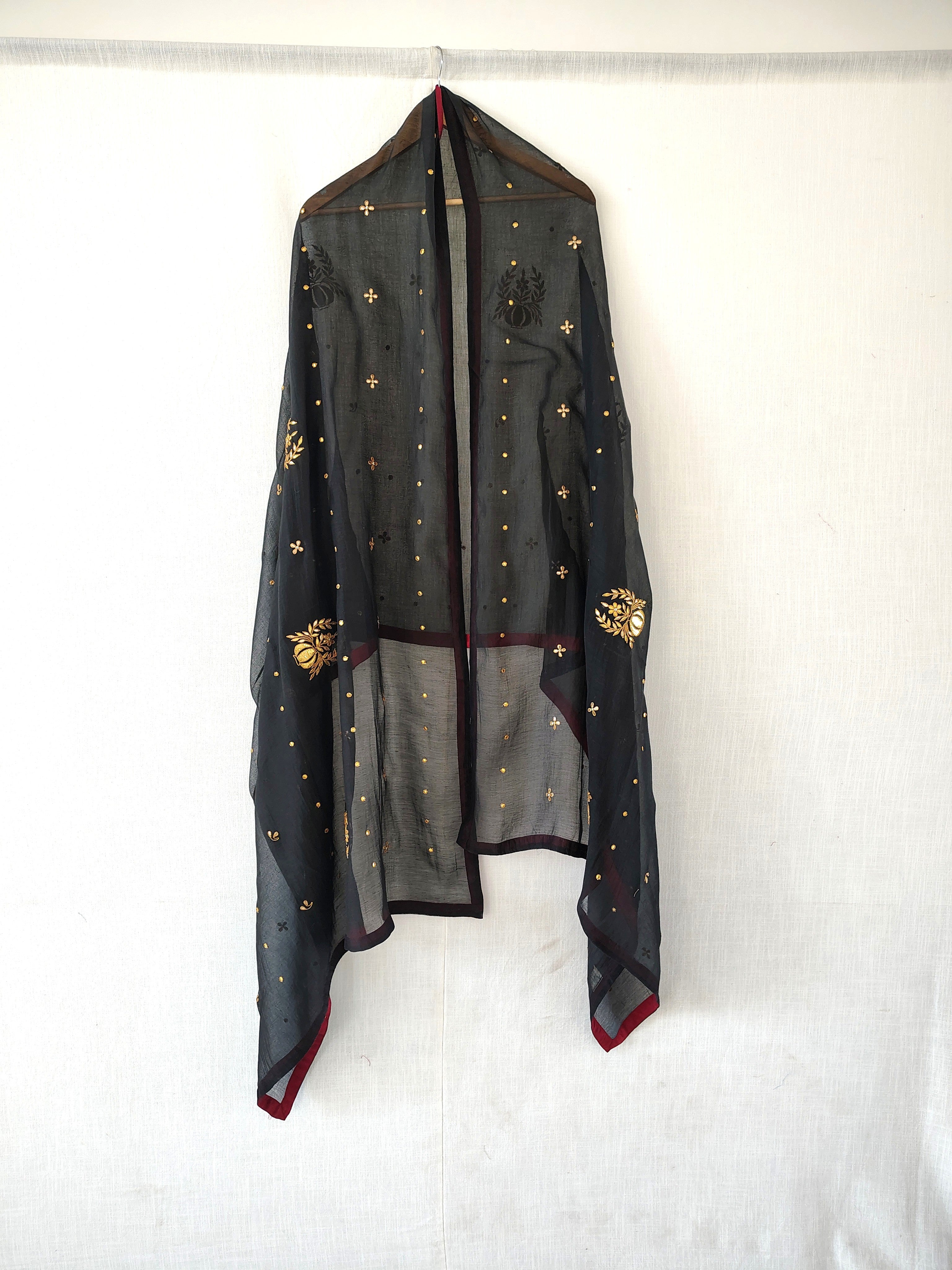 Black-Gold Chanderi Hand Embroidered Festive Dupatta