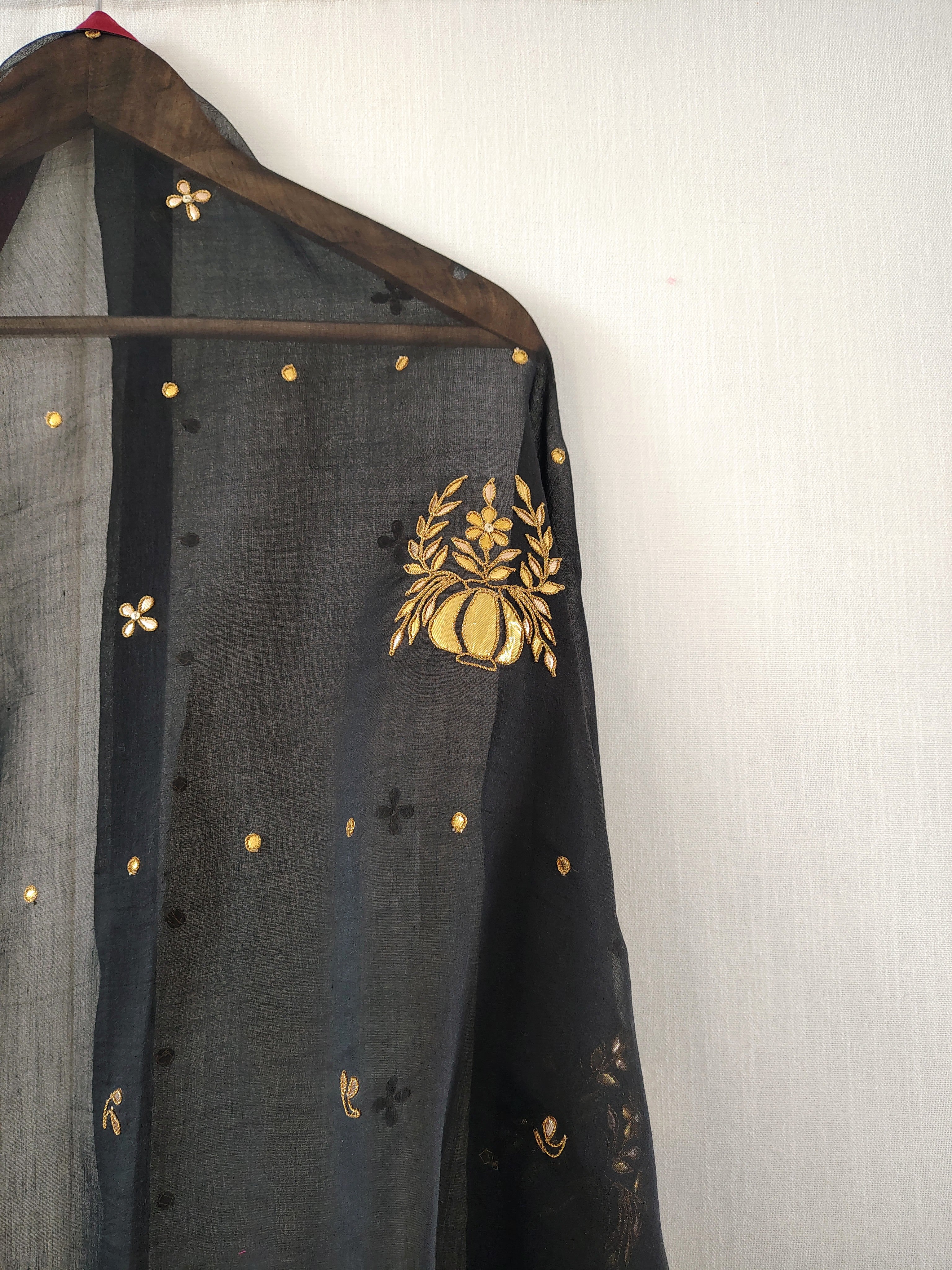Black-Gold Chanderi Hand Embroidered Festive Dupatta