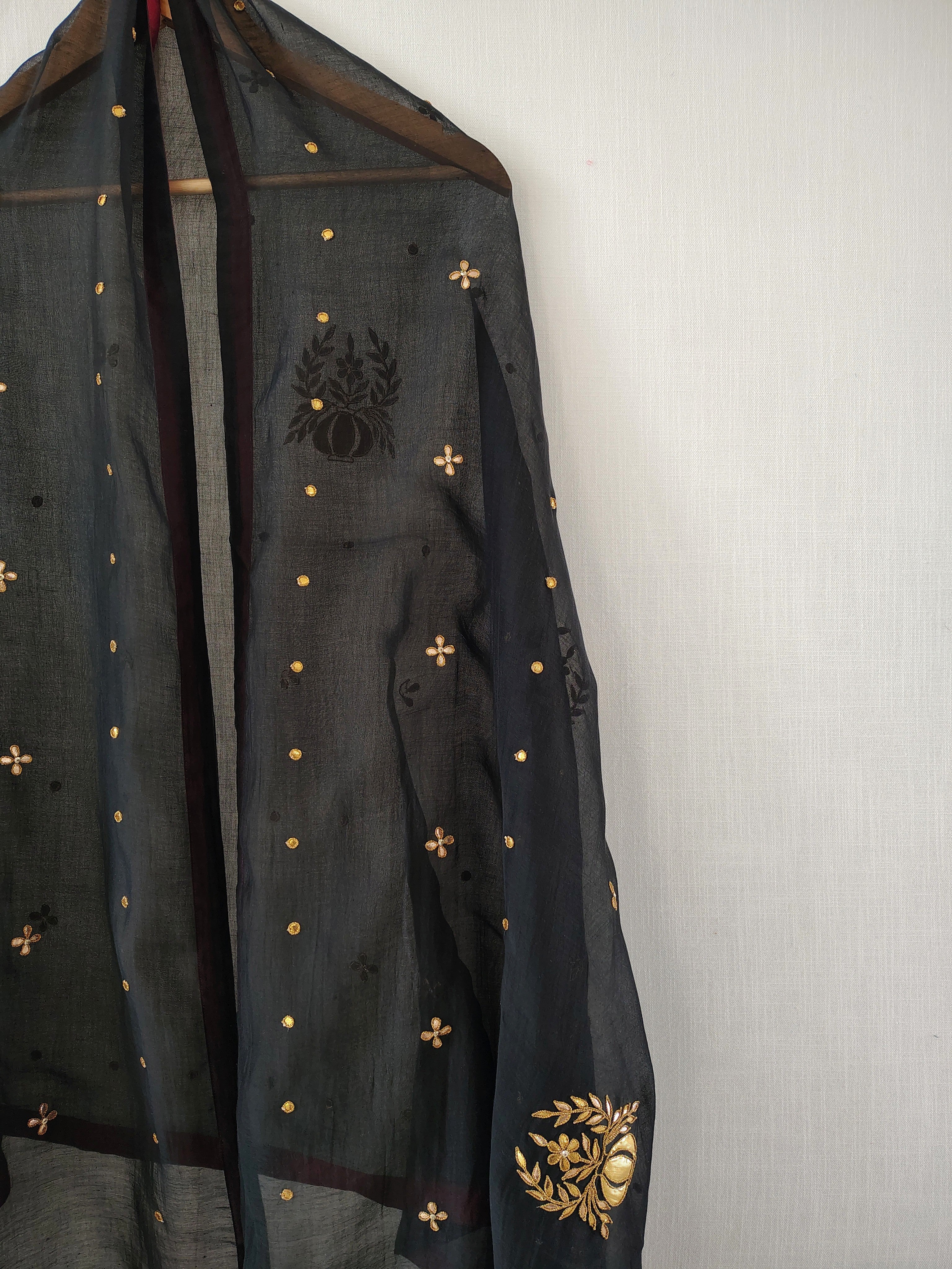 Black-Gold Chanderi Hand Embroidered Festive Dupatta