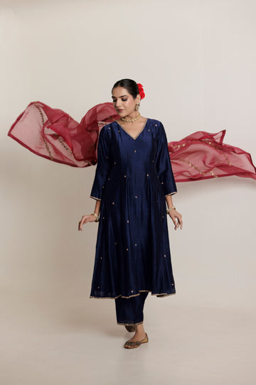 Midnight Blue Anarkali Kurta Set with Hand Marori Work