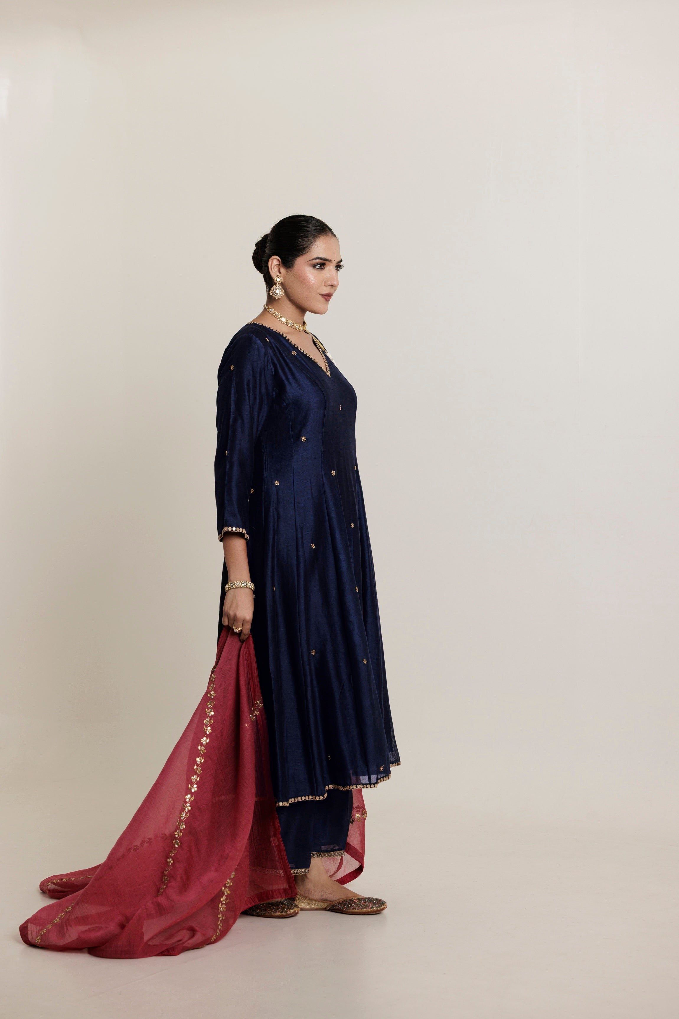 Midnight Blue Anarkali Kurta Set with Hand Marori Work