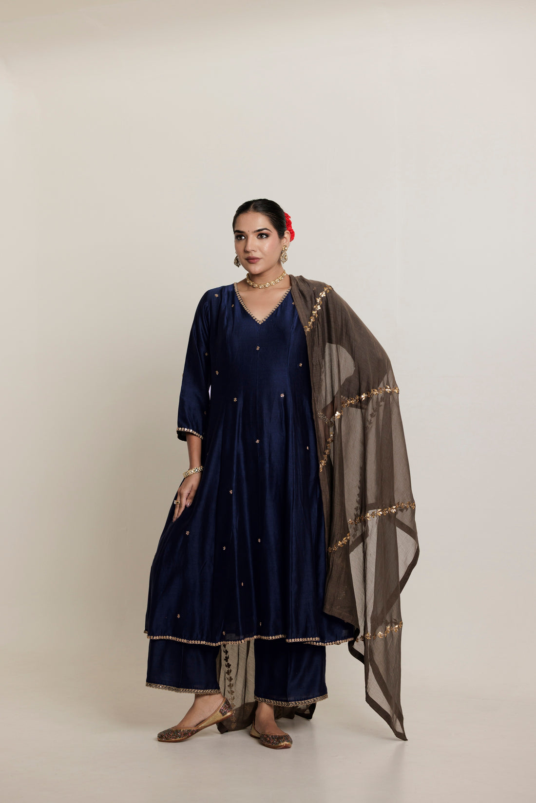 Midnight Blue Anarkali Kurta Set with Hand Marori Work