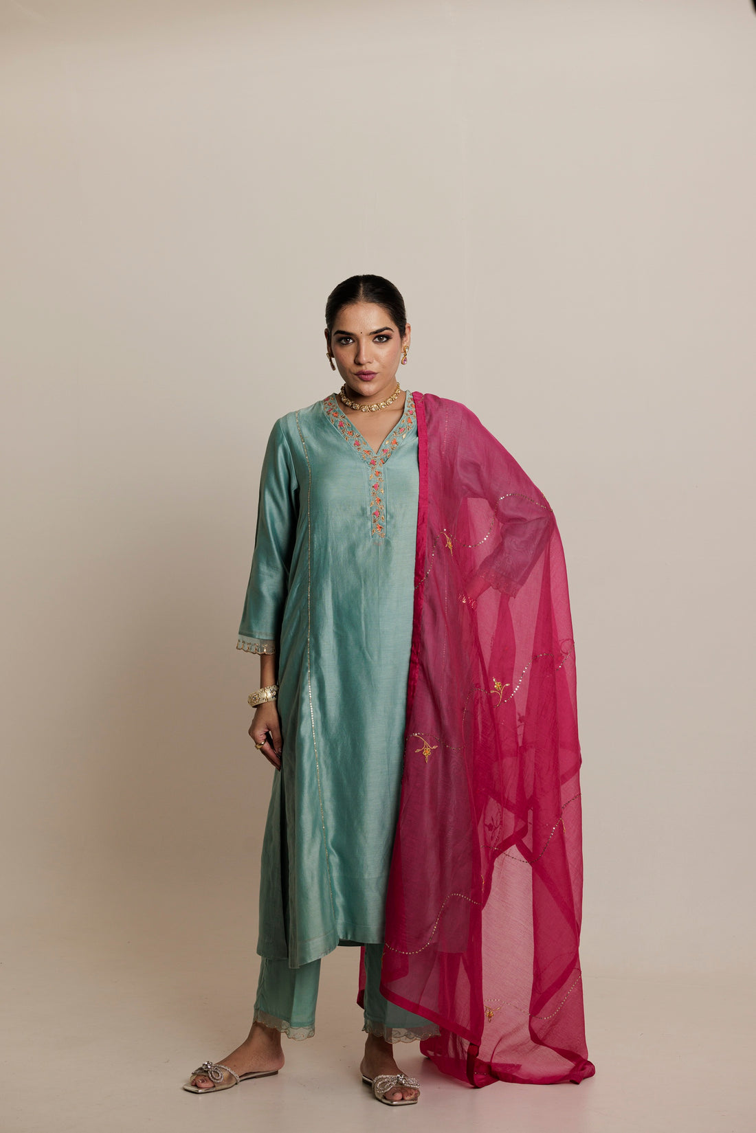 Aqua A-line Embroidered Gota Patti Kurta Set