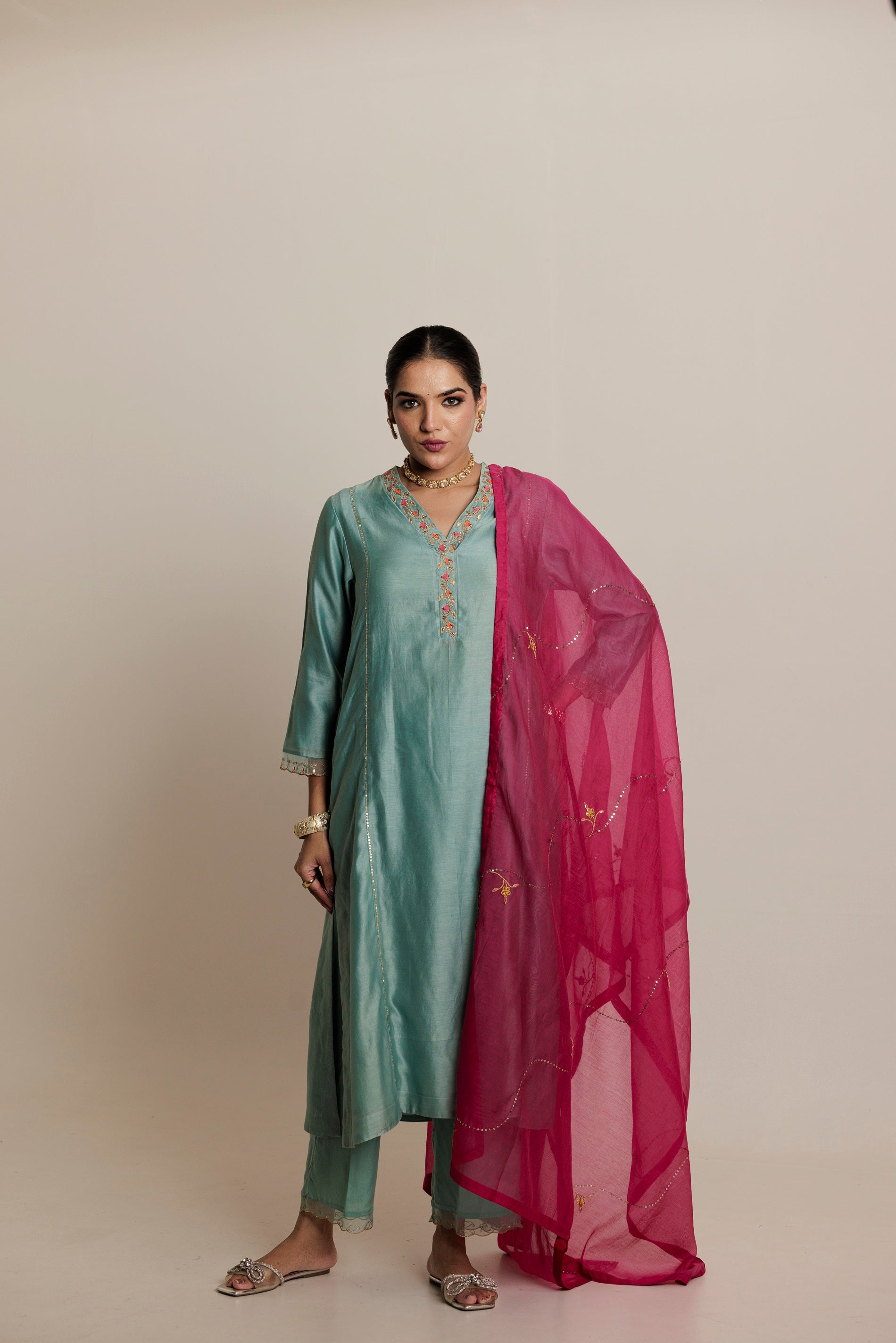 Aqua A-line Embroidered Gota Patti Kurta Set