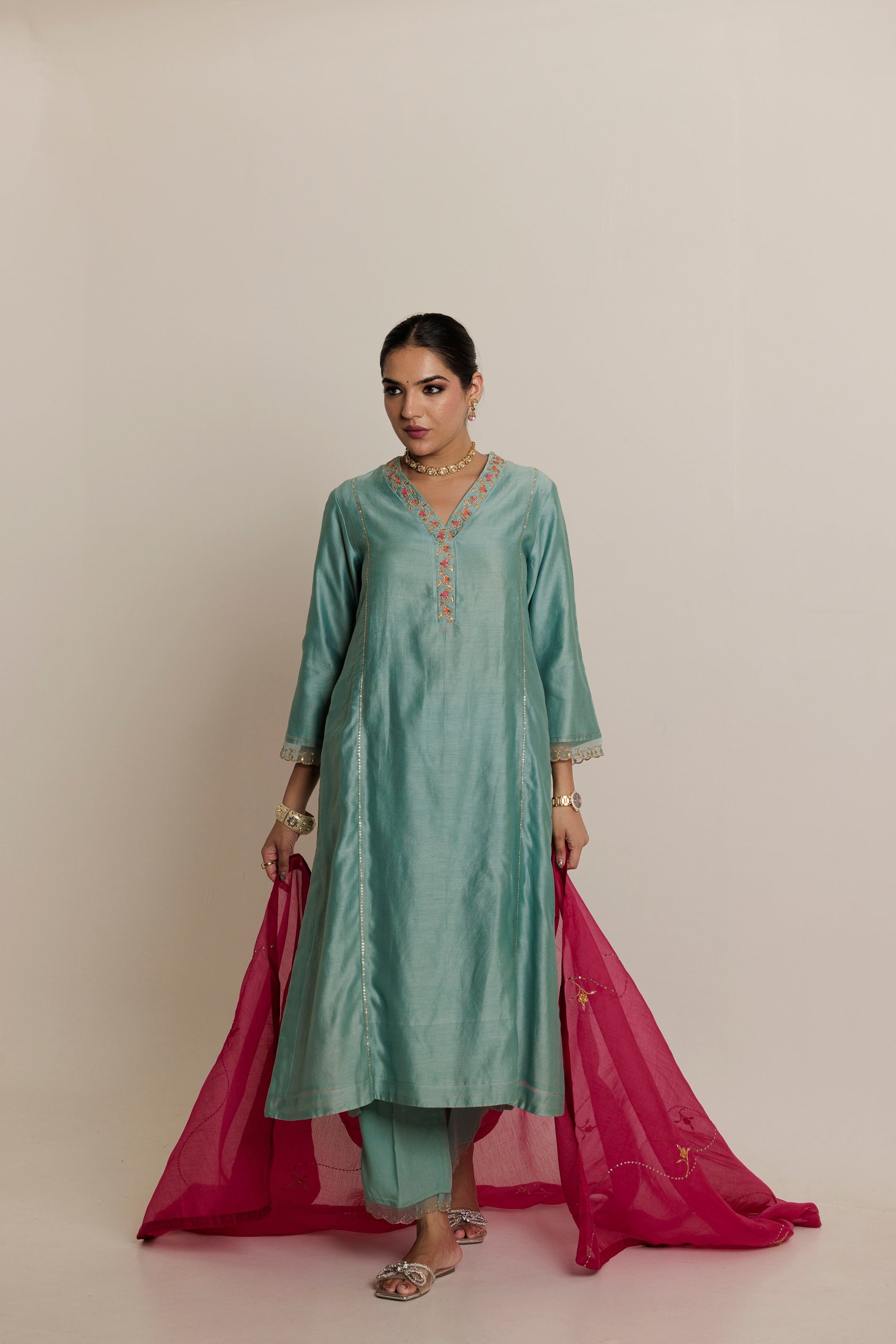Aqua A-line Embroidered Gota Patti Kurta Set