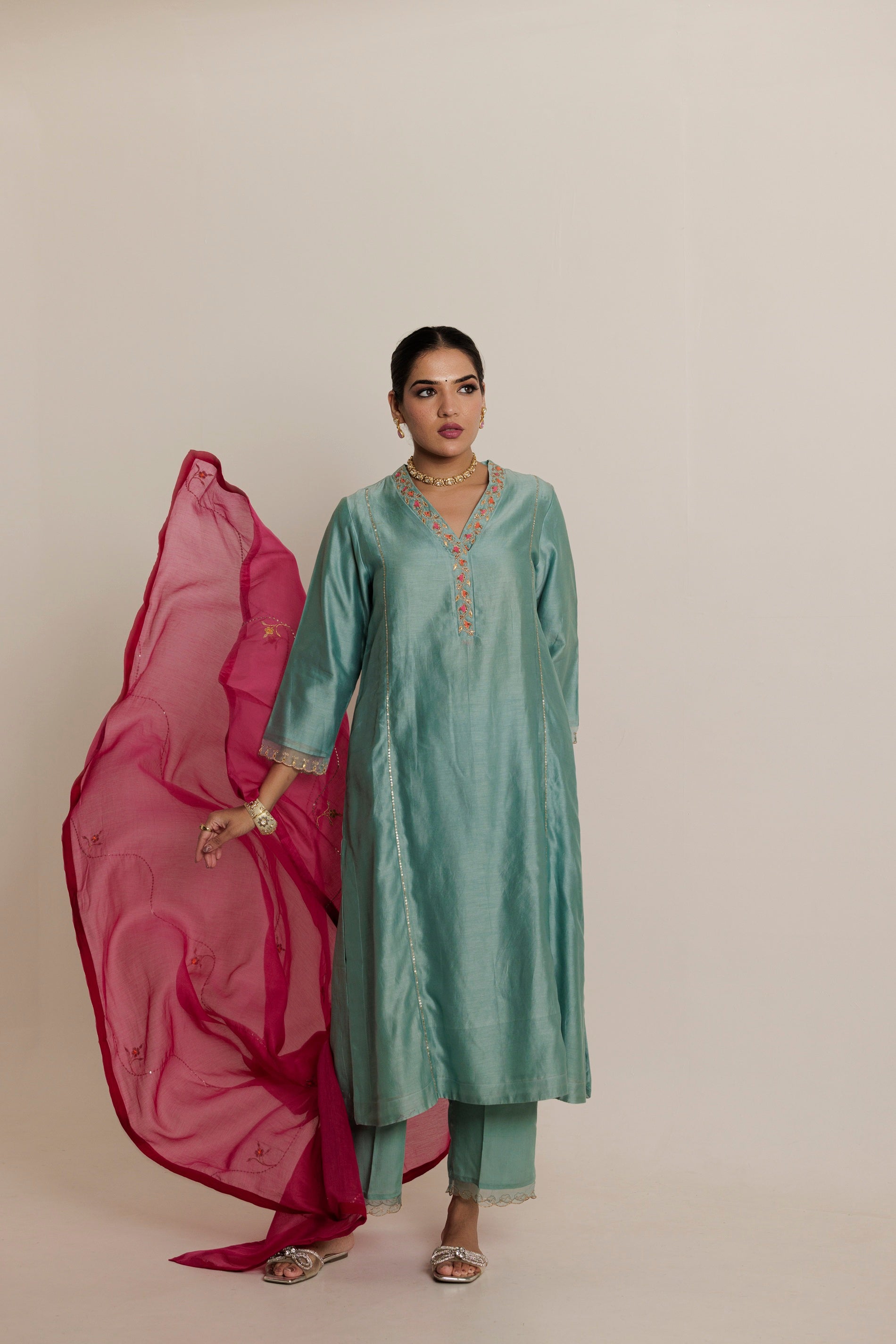 Aqua A-line Embroidered Gota Patti Kurta Set